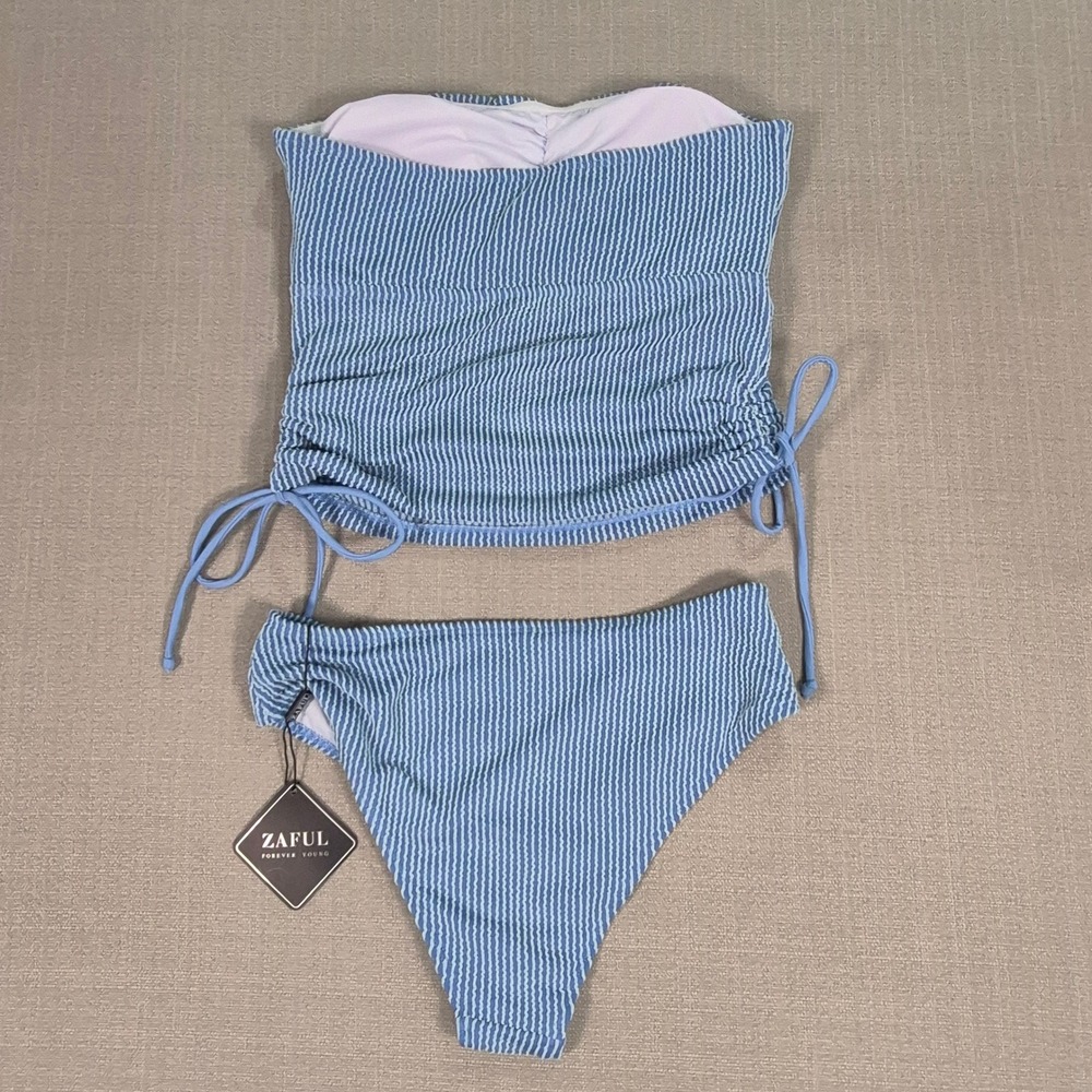 Zaful Womens Blue White Strapless Tankini Tummy Control Swimsuit Set Size S NWT - Picture 7 of 8